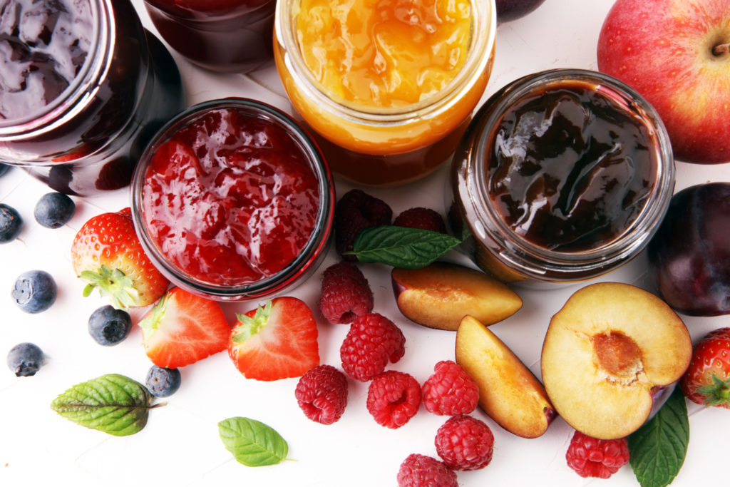 assortment of jams, seasonal berries, plums, mint and fruits - Wild ...